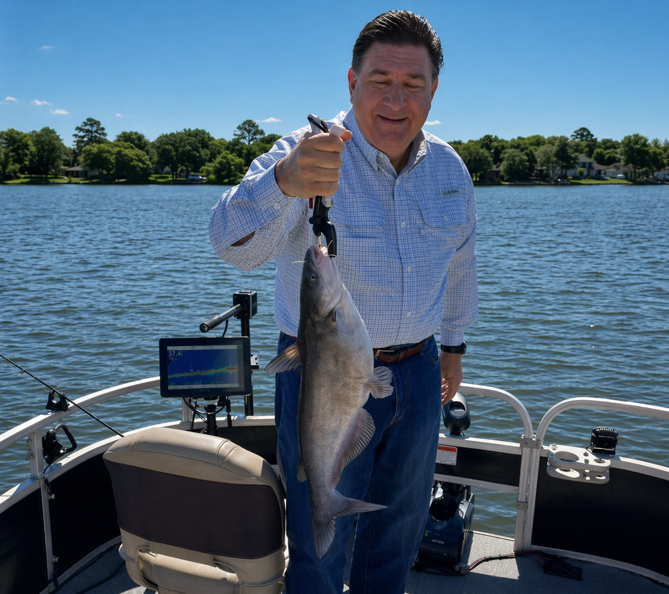 Ray Hunt holding a catfish on Lake Conroe